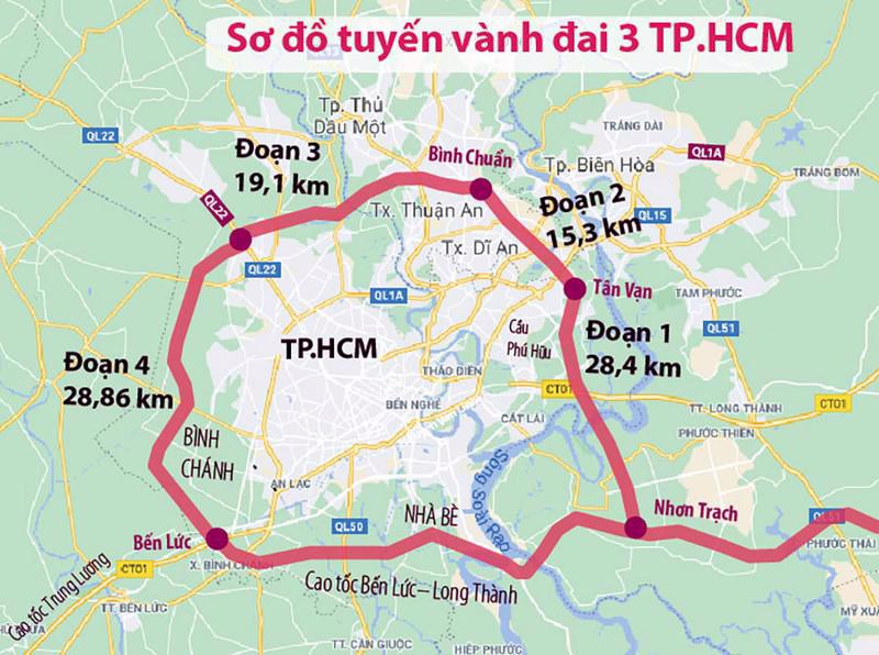Dự án xây dựng đường Vành đai 3 – Đoạn qua TP. Hồ Chí Minh có chiều dài 47km.